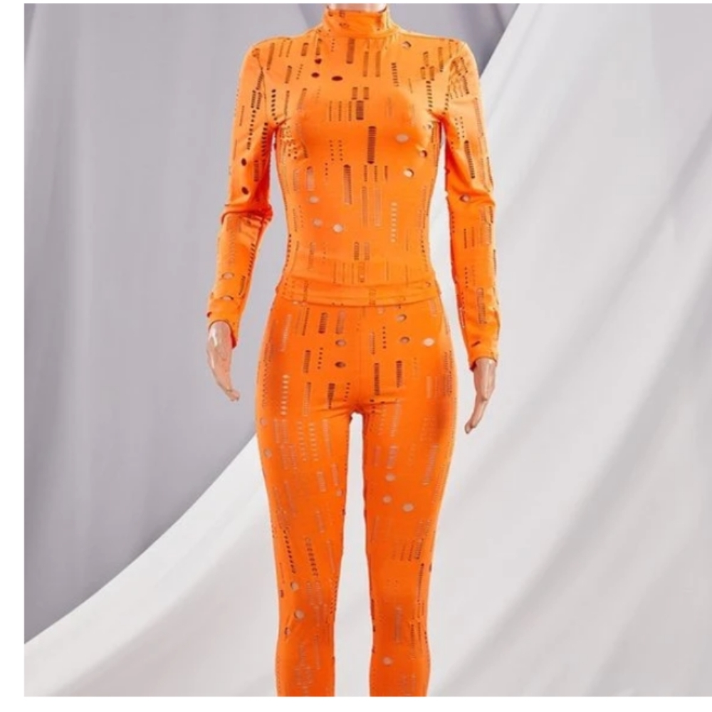 New Orange Peel Distressed Ripped Stretched Torn Mock Neck Bodycon Pant Set M - Picture 6 of 12